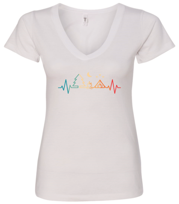 white v-neck t-shirt with heartbeat simbol with a pine tree, a fire, a tent and the moon