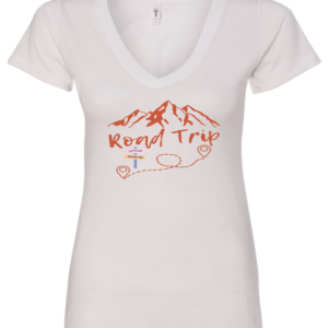 white v-neck t-shirt with a mountain in the back saying road trip