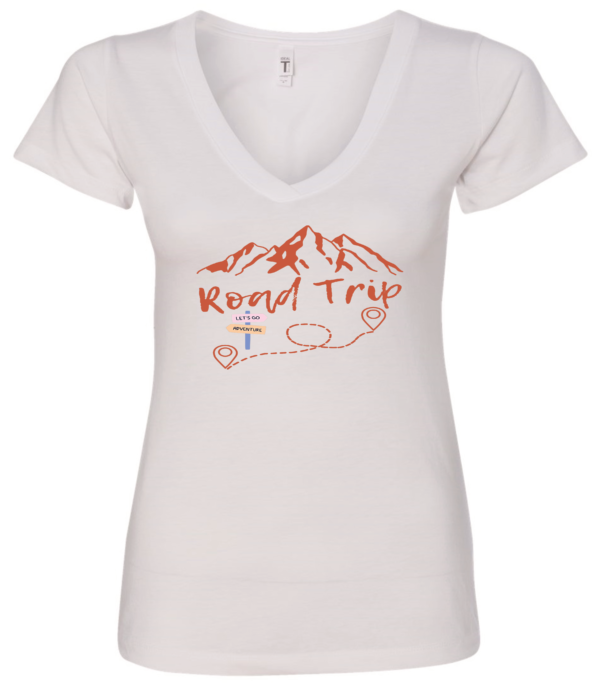 white v-neck t-shirt with a mountain in the back saying road trip