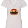 white v-neck t-shirt with an image of a sunset between the mountains