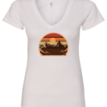 white v-neck t-shirt with an image of a sunset between the mountains
