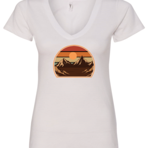 white v-neck t-shirt with an image of a sunset between the mountains