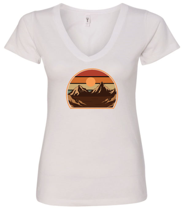 white v-neck t-shirt with an image of a sunset between the mountains