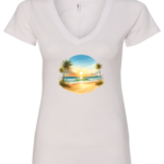 white v-neck t-shirt with a beautiful sunrise