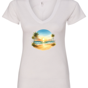 white v-neck t-shirt with a beautiful sunrise