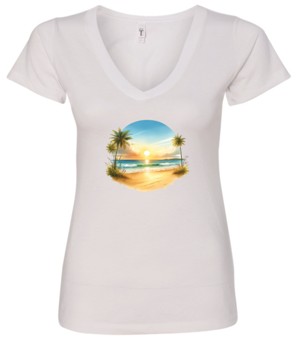 white v-neck t-shirt with a beautiful sunrise