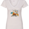 white v-neck t-shirt with a bear walking and a compass in th back, the bear has the forest printed on his body