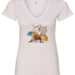 white v-neck t-shirt with a bear walking and a compass in th back, the bear has the forest printed on his body