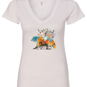 white v-neck t-shirt with a bear walking and a compass in th back, the bear has the forest printed on his body