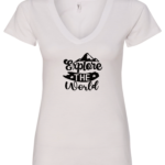 white v-neck t-shirt saying explore the world