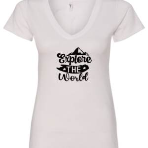 white v-neck t-shirt saying explore the world