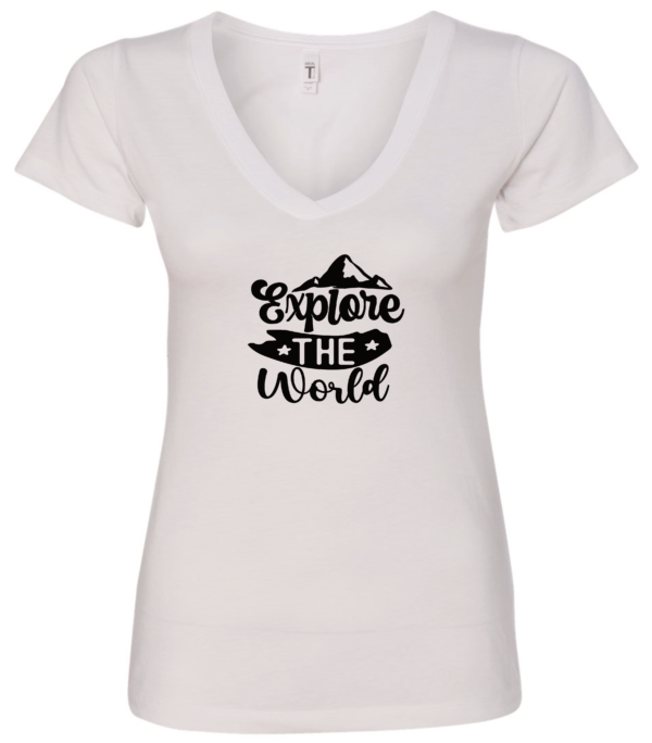white v-neck t-shirt saying explore the world