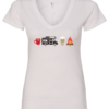 white v-neck t-shirt with 4 images lined up horizontally in the chest, with a cup of coffee, a camper, a beer and a fire