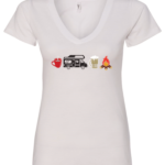 white v-neck t-shirt with 4 images lined up horizontally in the chest, with a cup of coffee, a camper, a beer and a fire