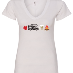 white v-neck t-shirt with 4 images lined up horizontally in the chest, with a cup of coffee, a camper, a beer and a fire