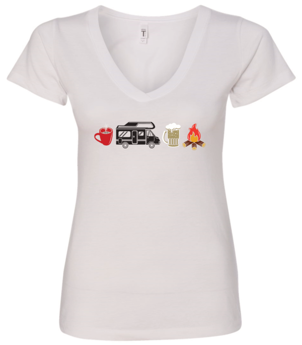 white v-neck t-shirt with 4 images lined up horizontally in the chest, with a cup of coffee, a camper, a beer and a fire