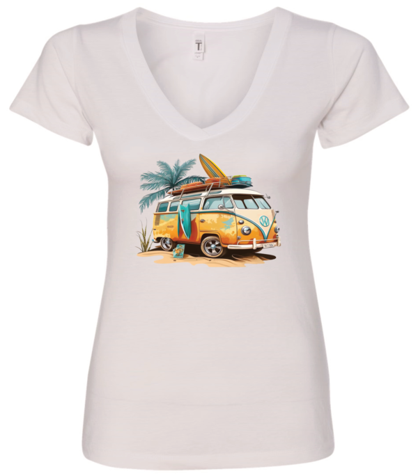 white v-neck t-shirt with an old volkswagen VW retro surfer van
