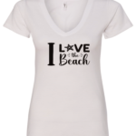 white v-neck t-shirt saying i love the beach