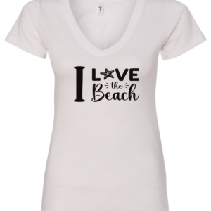 white v-neck t-shirt saying i love the beach