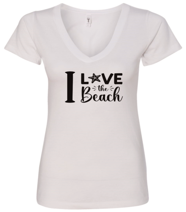 white v-neck t-shirt saying i love the beach