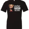 black wine t-shirt featuring a young drunk woman wearing glasses holding a glass of wine and it says adulting requires alcohol