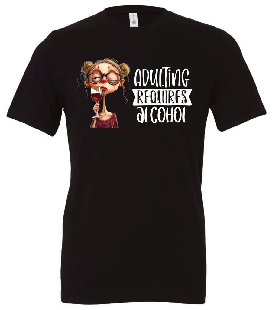 black wine t-shirt featuring a young drunk woman wearing glasses holding a glass of wine and it says adulting requires alcohol