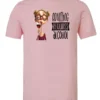 pink wine t-shirt featuring a young drunk woman wearing glasses holding a glass of wine and it says adulting requires alcohol