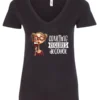 black wine v-neck t-shirt featuring a young drunk woman wearing glasses holding a glass of wine and it says adulting requires alcohol