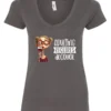 gray wine v-neck t-shirt featuring a young drunk woman wearing glasses holding a glass of wine and it says adulting requires alcohol