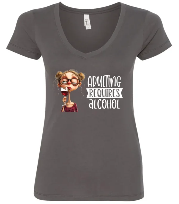 gray wine v-neck t-shirt featuring a young drunk woman wearing glasses holding a glass of wine and it says adulting requires alcohol