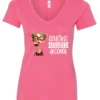pink wine v-neck t-shirt featuring a young drunk woman wearing glasses holding a glass of wine and it says adulting requires alcohol