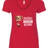 red wine v-neck t-shirt featuring a young drunk woman wearing glasses holding a glass of wine and it says adulting requires alcohol
