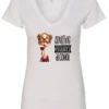 white wine v-neck t-shirt featuring a young drunk woman wearing glasses holding a glass of wine and it says adulting requires alcohol