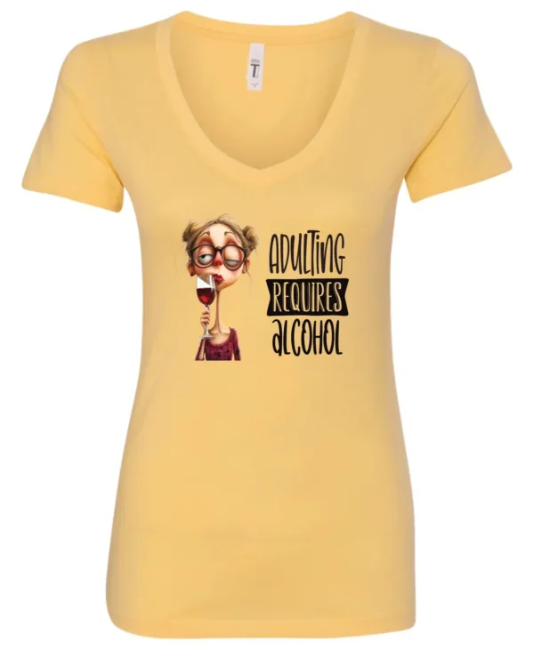 yellow wine v-neck t-shirt featuring a young drunk woman wearing glasses holding a glass of wine and it says adulting requires alcohol