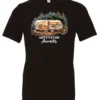 black camping t-shirt featuring a camper in the woods in the night with open doors with a quote saying adventure awaits