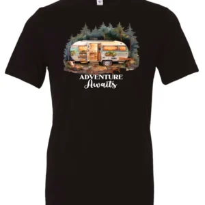 black camping t-shirt featuring a camper in the woods in the night with open doors with a quote saying adventure awaits