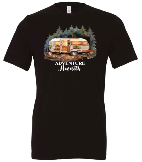 black camping t-shirt featuring a camper in the woods in the night with open doors with a quote saying adventure awaits