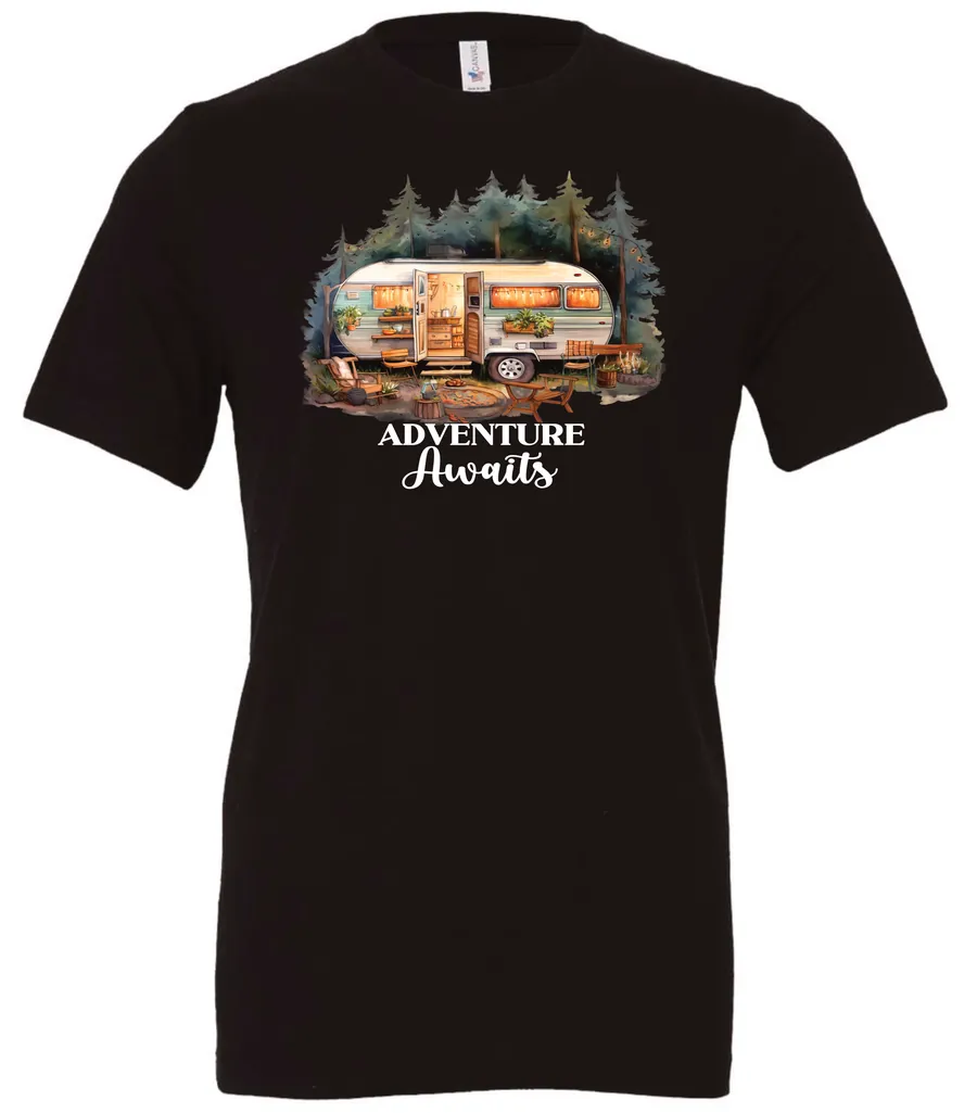 black camping t-shirt featuring a camper in the woods in the night with open doors with a quote saying adventure awaits