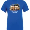 blue camping t-shirt featuring a camper in the woods in the night with open doors with a quote saying adventure awaits