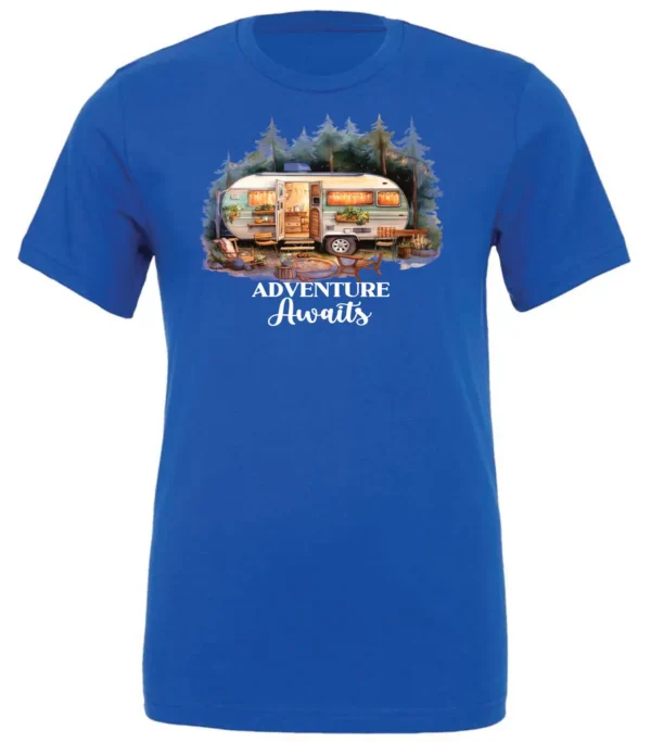 blue camping t-shirt featuring a camper in the woods in the night with open doors with a quote saying adventure awaits
