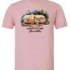 pink camping t-shirt featuring a camper in the woods in the night with open doors with a quote saying adventure awaits