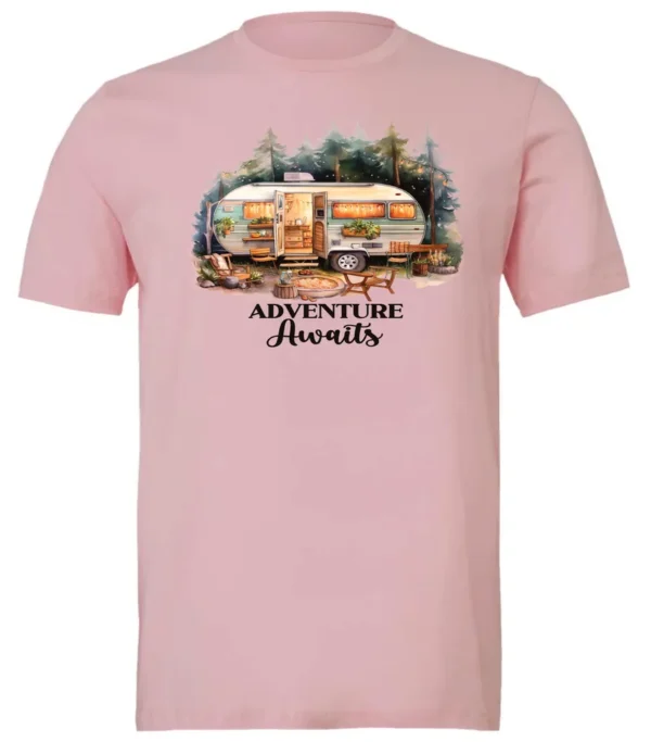 pink camping t-shirt featuring a camper in the woods in the night with open doors with a quote saying adventure awaits