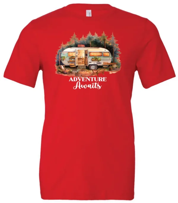 red camping t-shirt featuring a camper in the woods in the night with open doors with a quote saying adventure awaits