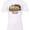 white camping t-shirt featuring a camper in the woods in the night with open doors with a quote saying adventure awaits