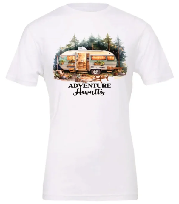 white camping t-shirt featuring a camper in the woods in the night with open doors with a quote saying adventure awaits