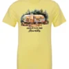yellow camping t-shirt featuring a camper in the woods in the night with open doors with a quote saying adventure awaits