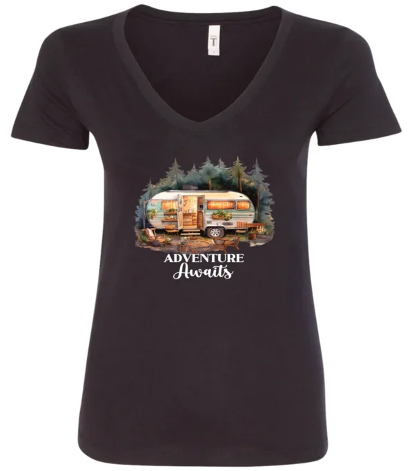 black camping v-neck t-shirt featuring a camper in the woods in the night with open doors with a quote saying adventure awaits