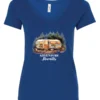 blue camping v-neck t-shirt featuring a camper in the woods in the night with open doors with a quote saying adventure awaits