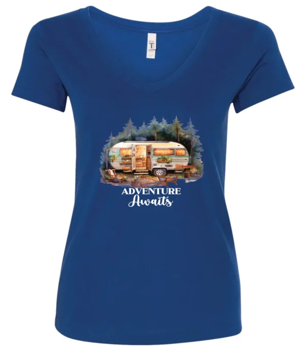 blue camping v-neck t-shirt featuring a camper in the woods in the night with open doors with a quote saying adventure awaits