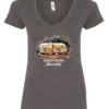 gray camping v-neck t-shirt featuring a camper in the woods in the night with open doors with a quote saying adventure awaits